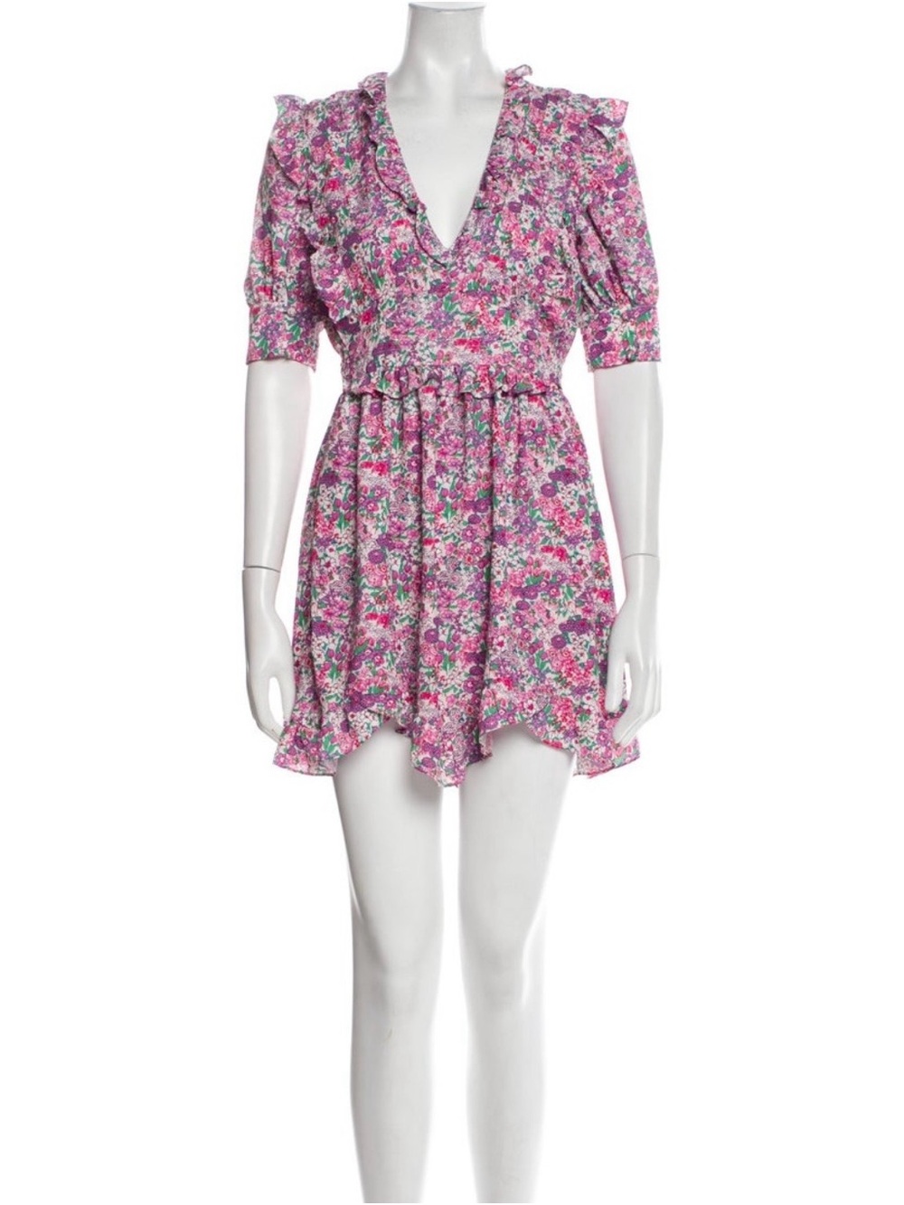 For Love And Lemons Pink Floral Ruffle-Trim Mini Dress